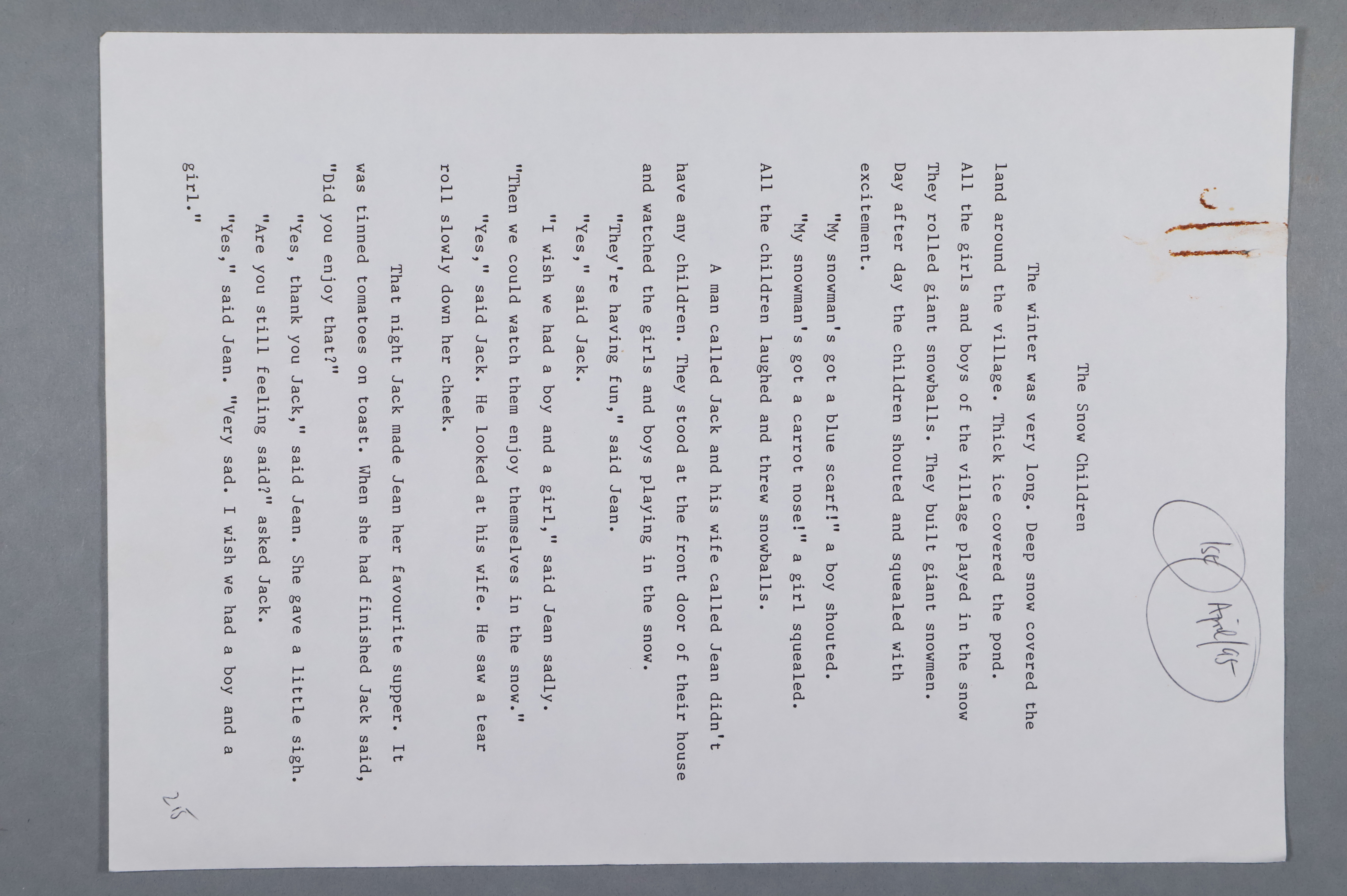 A typed draft for the story 'The Snow Children', with a manuscript dating of the 1st of April 1995.